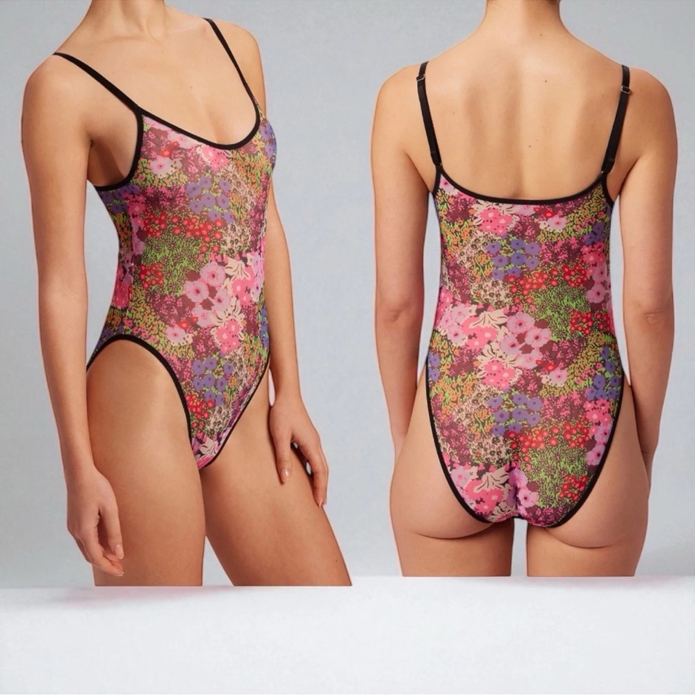 Floral print mesh sheer bodysuit Small